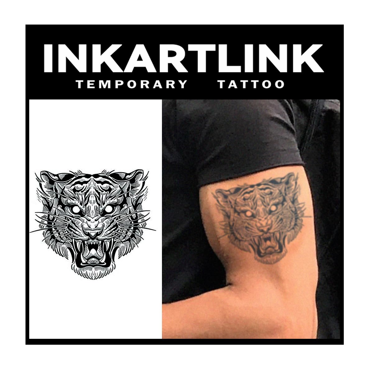 Tattoo Tech, 2 Sheets Medium Semi Permanent Tattoo, Adult Art Design Temporary Tattoos, Lasts 1-2 Weeks, Waterproof, Realistic Look, No Adhesive, No Reflection (Tiger Design)