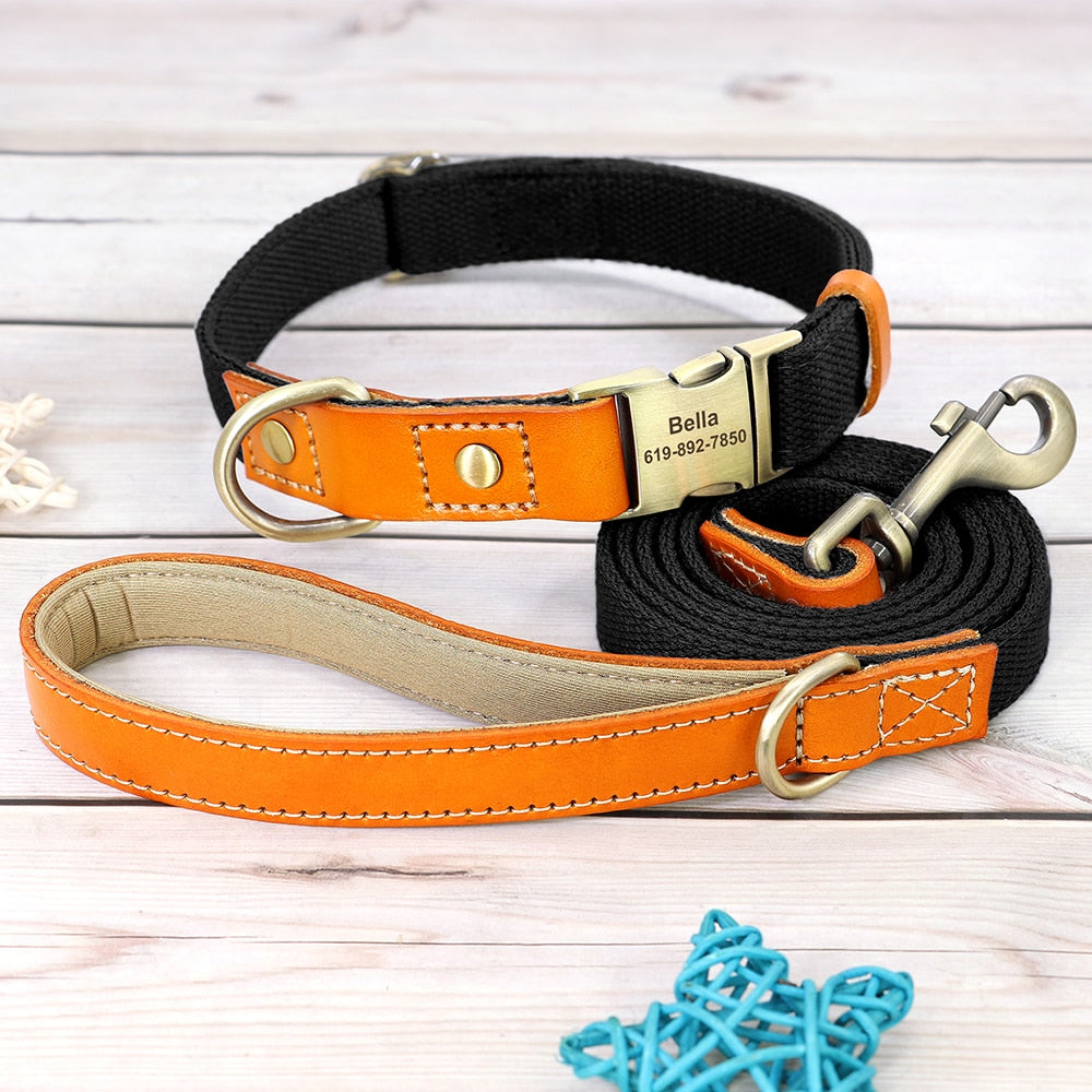 Nylon Custom Dog Puppy Collar Leash Set Personalized Genuine Leather Pet Nameplate ID Tag Accessories Collars Pet Products Perro GROOMY