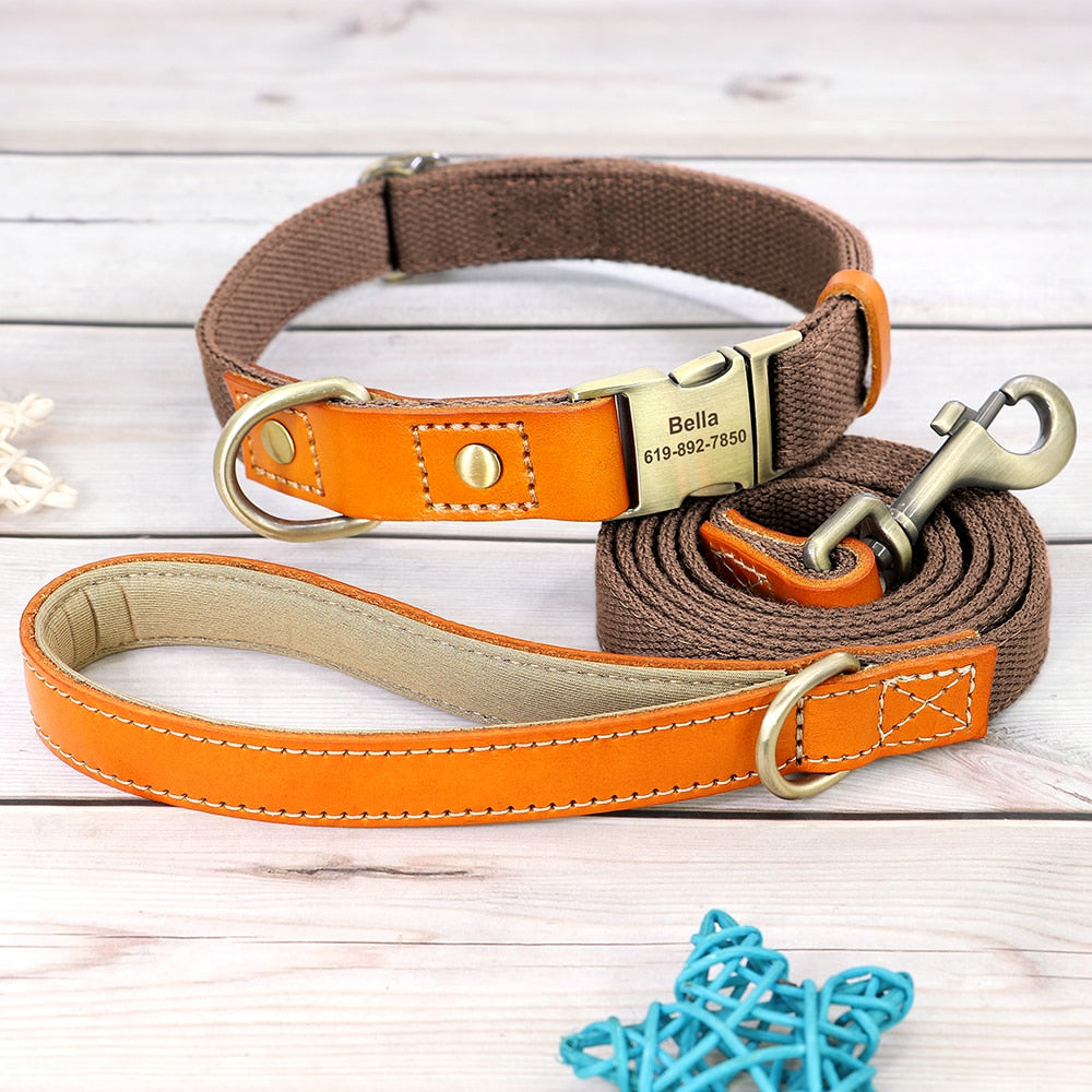 Nylon Custom Dog Puppy Collar Leash Set Personalized Genuine Leather Pet Nameplate ID Tag Accessories Collars Pet Products Perro GROOMY