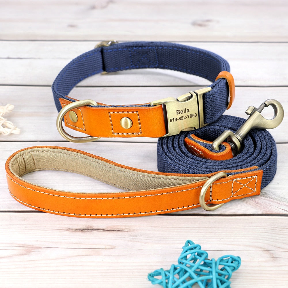 Nylon Custom Dog Puppy Collar Leash Set Personalized Genuine Leather Pet Nameplate ID Tag Accessories Collars Pet Products Perro GROOMY