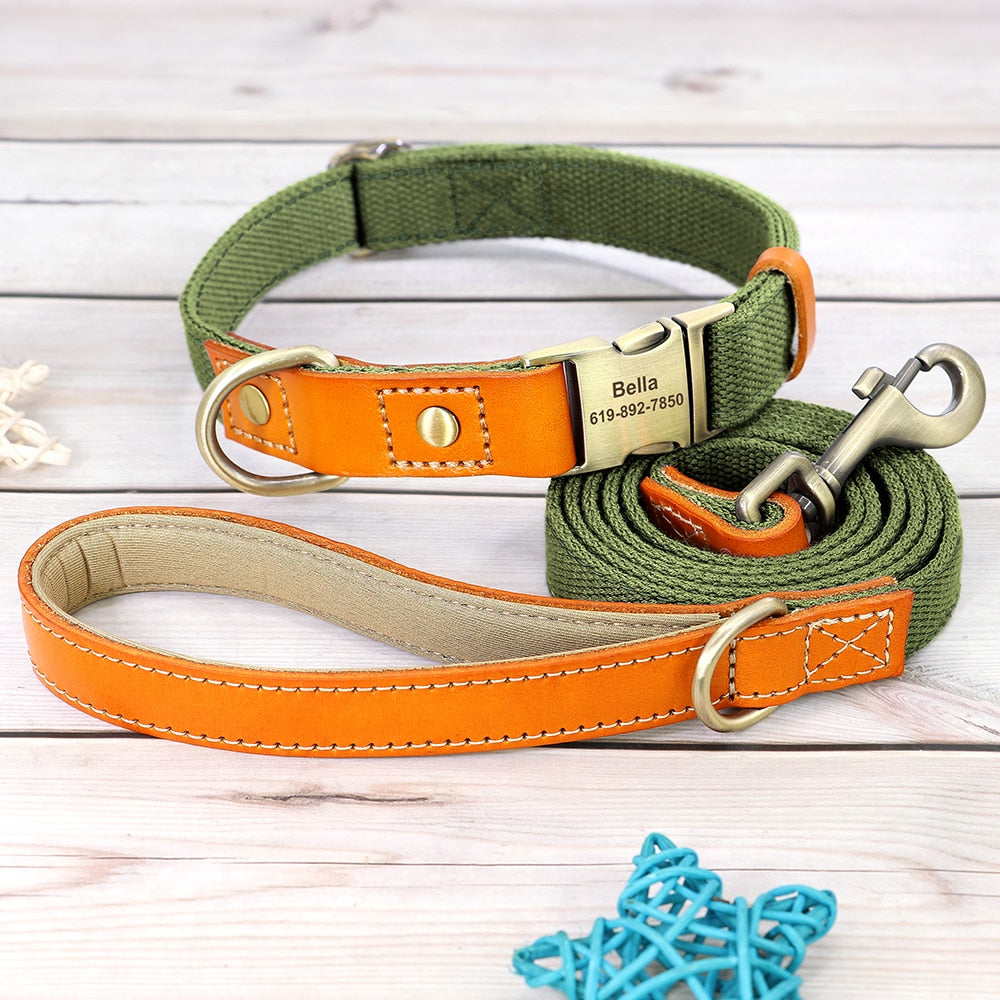 Nylon Custom Dog Puppy Collar Leash Set Personalized Genuine Leather Pet Nameplate ID Tag Accessories Collars Pet Products Perro GROOMY