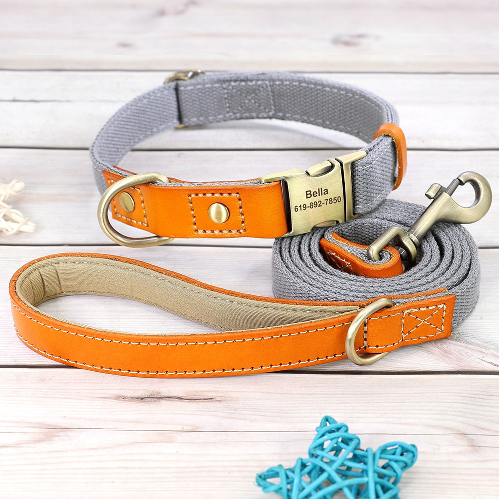 Nylon Custom Dog Puppy Collar Leash Set Personalized Genuine Leather Pet Nameplate ID Tag Accessories Collars Pet Products Perro GROOMY