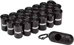 Basics Standard Dog Poop Bags With Dispenser and Leash Clip, Unscented, 300 Count, 20 Pack of 15, Black, 13 Inch x 9 Inch
