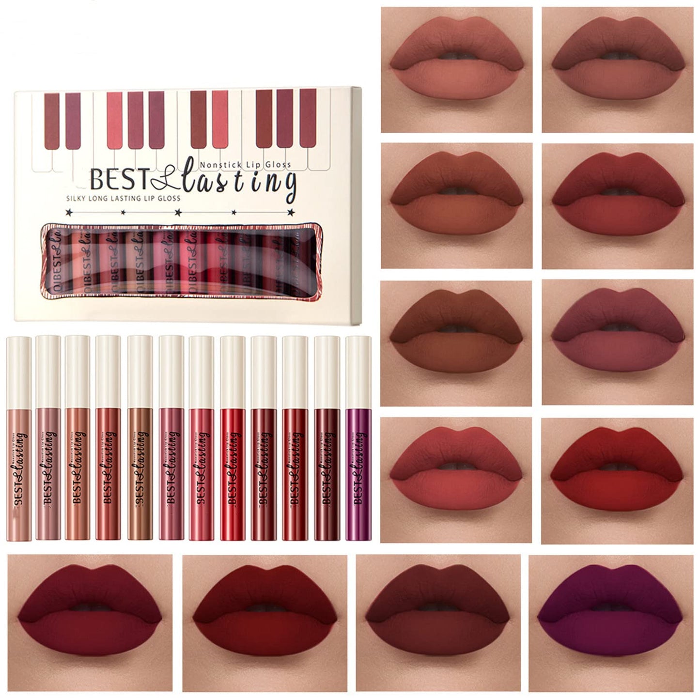 12PCS Matte Liquid Lipstick Set Non-Stick Cup and Not Fade Pigmented Lipstick Long-Lasting Waterproof Velvet Lipgloss Kit Makeup Gift for Girls and Women (Set 01)