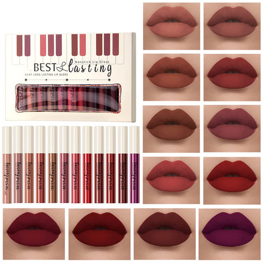 12PCS Matte Liquid Lipstick Set Non-Stick Cup and Not Fade Pigmented Lipstick Long-Lasting Waterproof Velvet Lipgloss Kit Makeup Gift for Girls and Women (Set 01)