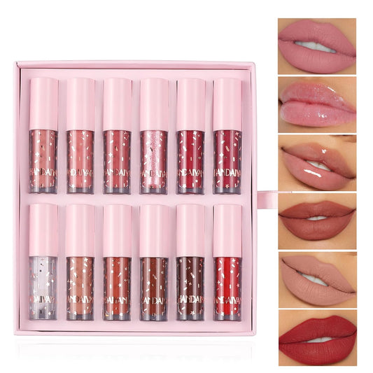12Pcs/Set Lip Gloss Lip Makeup Set,Non-Sticky Lip Gloss Matte Lip Stain Long Lasting Waterproof High Shine Lip Plumping Glass Finish Liquid Lipstick Lipglosses For Women