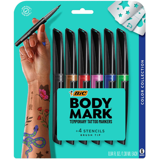 BIC Temporary Tattoo Markers for Skin, Color Collection, Flexible Brush Tip, Assorted Colors, Skin-Safe*, Cosmetic Quality, 6-Count