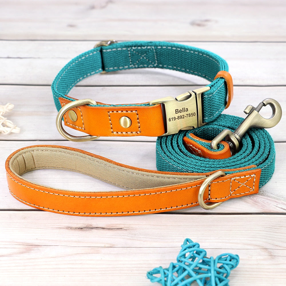 Nylon Custom Dog Puppy Collar Leash Set Personalized Genuine Leather Pet Nameplate ID Tag Accessories Collars Pet Products Perro GROOMY